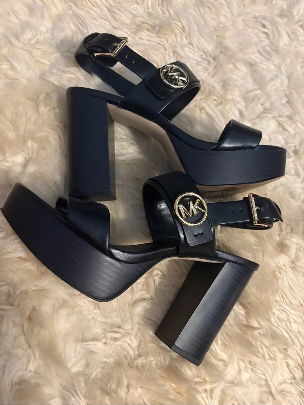 Michael Kors Black Leather Dual-Strap Block Heel Sandals with Gold Logo